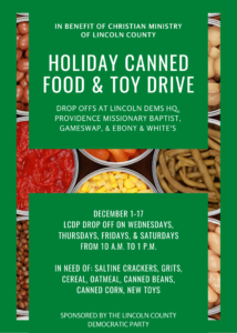 Holiday Canned Food and Toy Drive brochure. December 1 - 17
