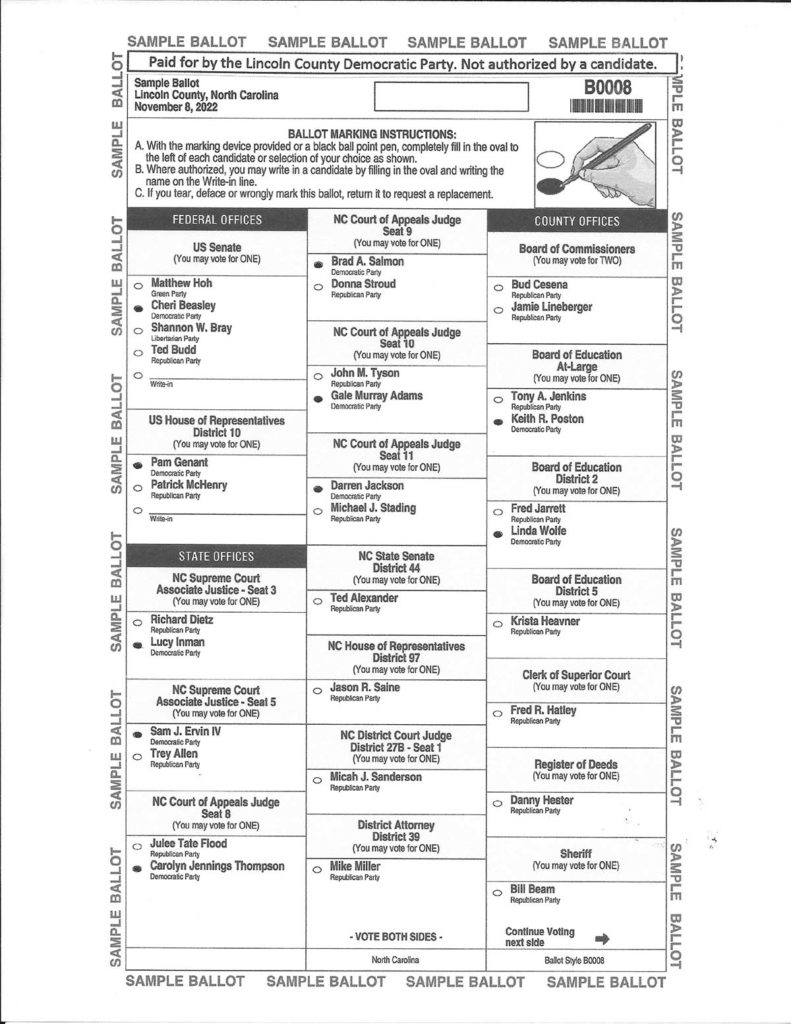 Lincoln County Democratic Sample Ballot page 1